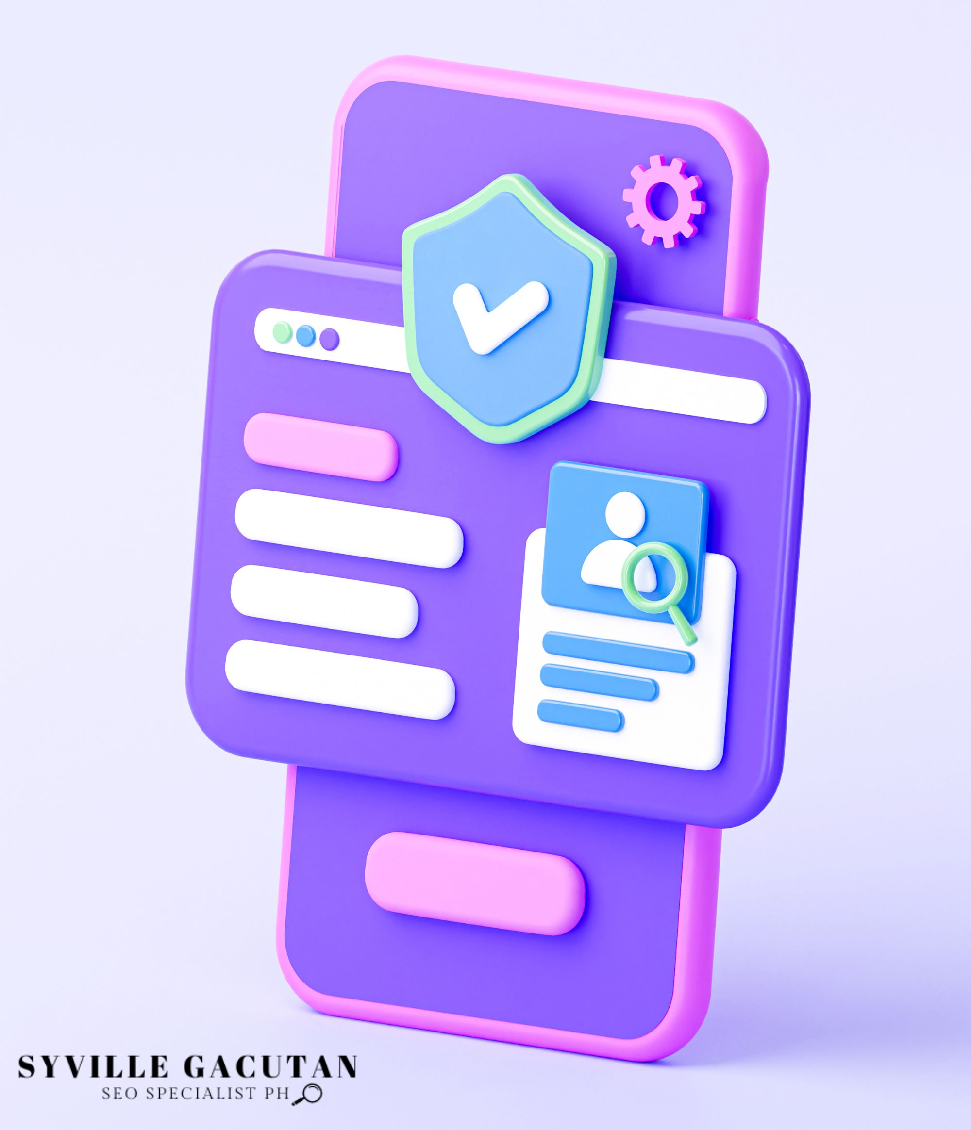 A 3D illustration of a smartphone with security and user profile icons.