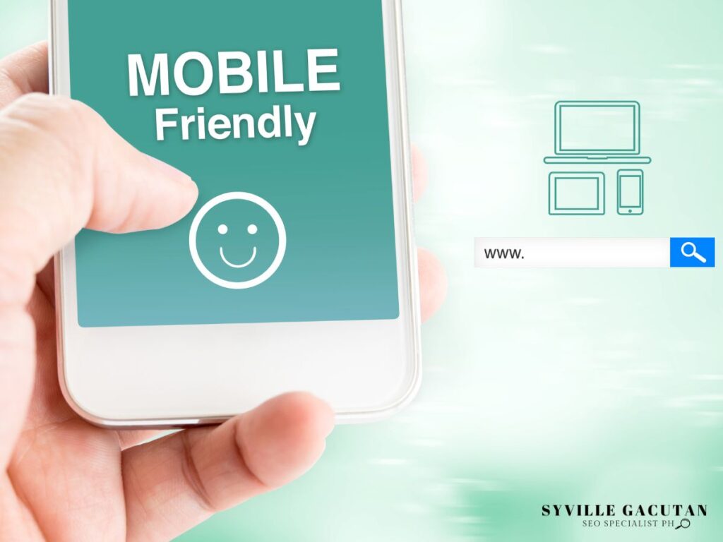 Hand holding a phone with "Mobile Friendly" text and happy face icon.