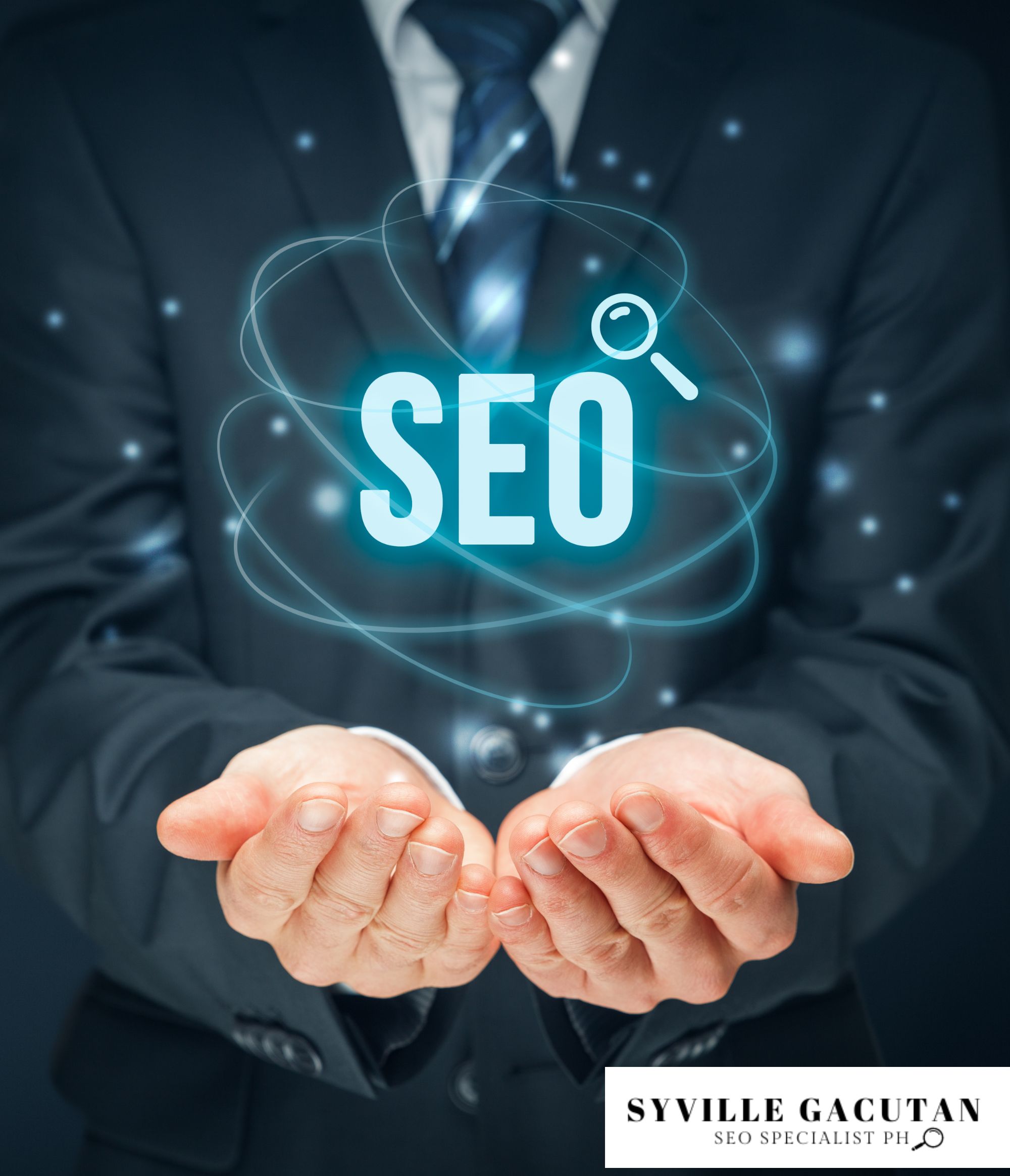 A person in a suit holding an SEO symbol with glowing effects.