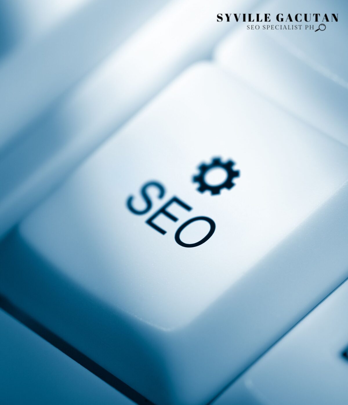 Close-up of a keyboard button labeled "SEO" with a gear icon.
