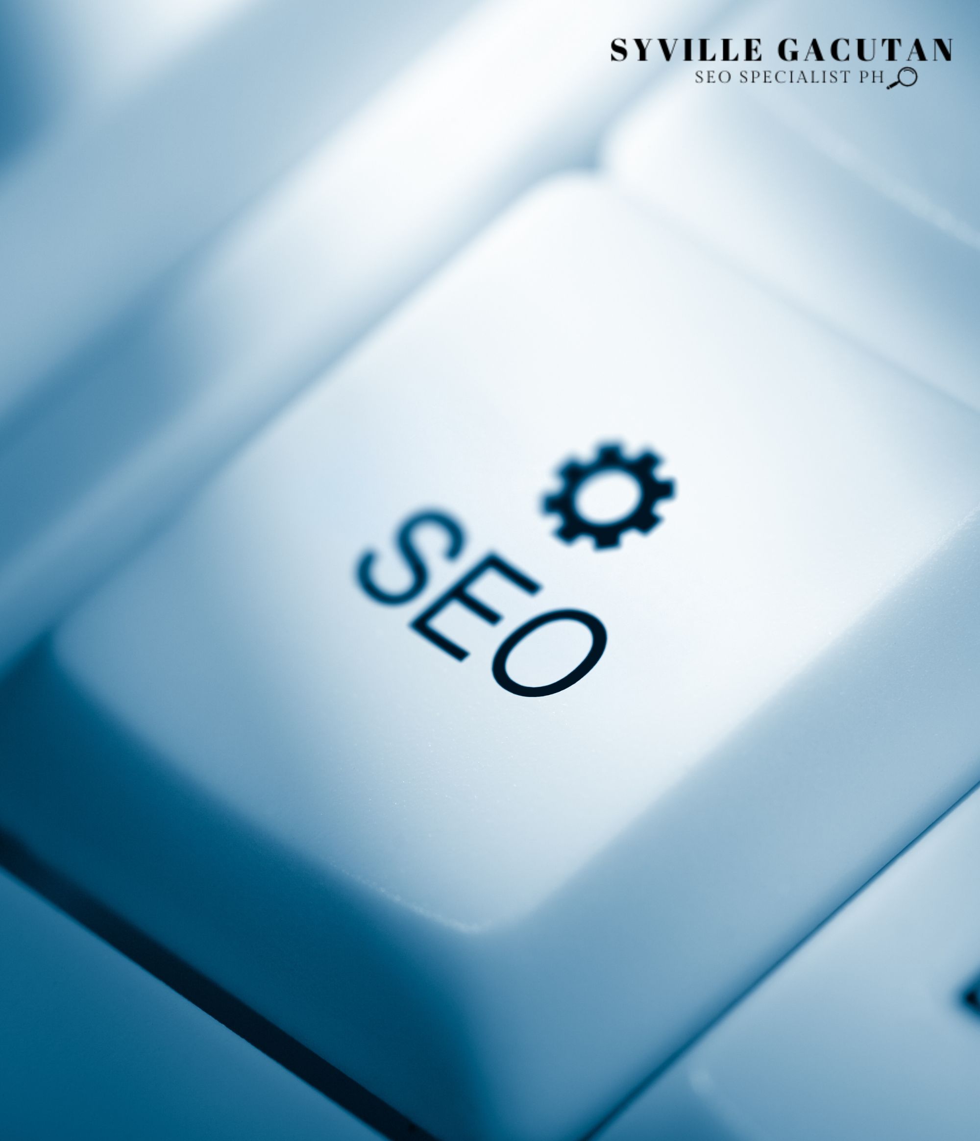 Close-up of a keyboard button labeled "SEO" with a gear icon.