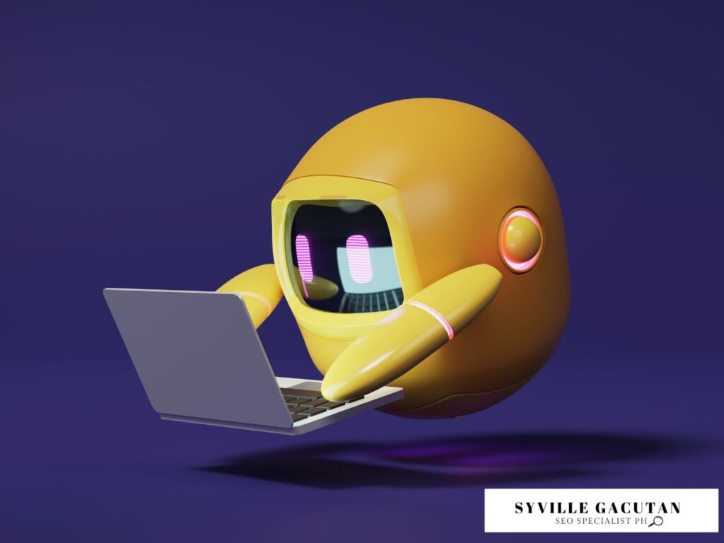 A yellow small robot working on a laptop.