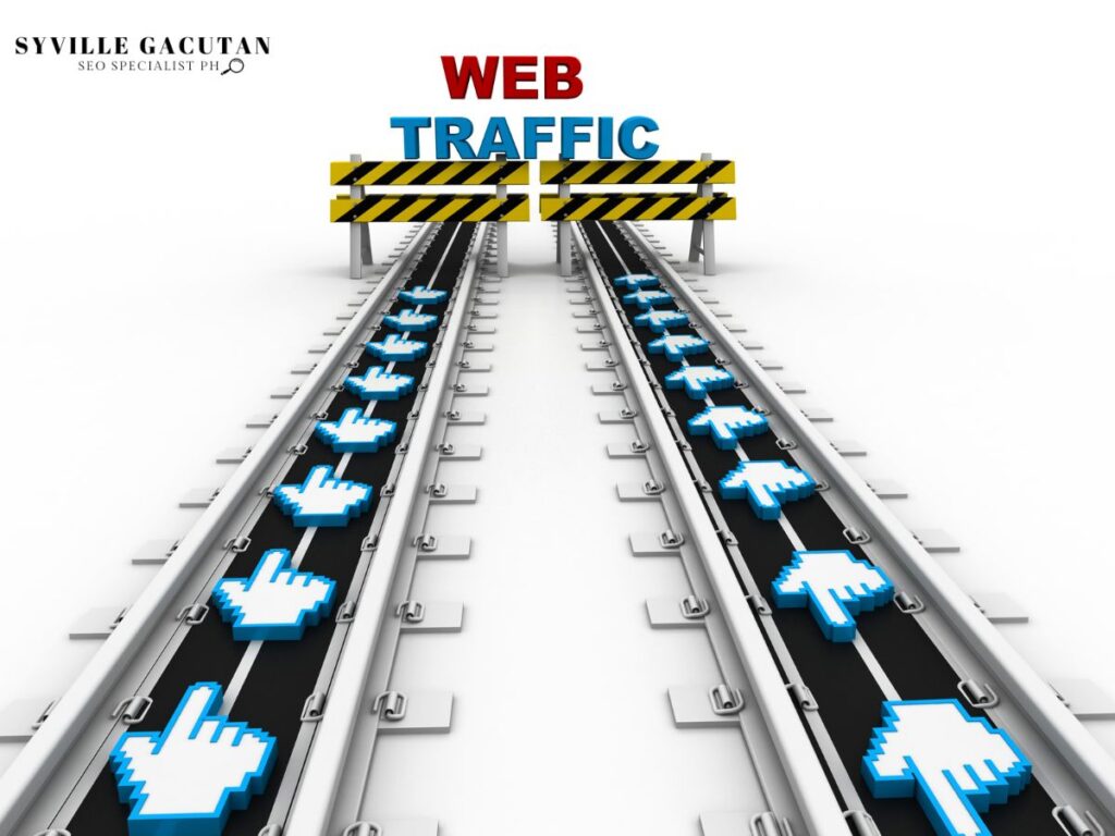 A train track leading to a "Web Traffic" sign with like icons on the track.