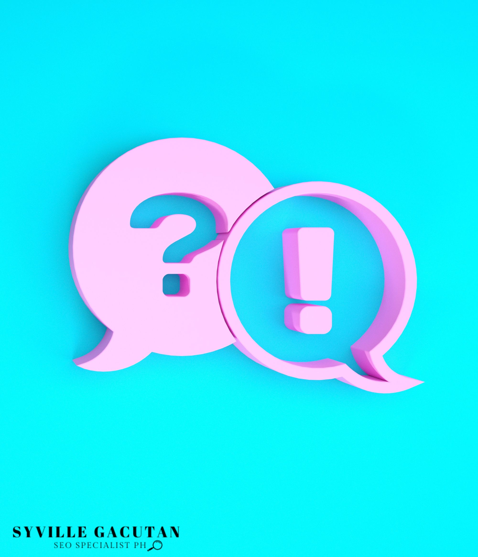 A pink question and exclamation bubble icon on a bright blue background.