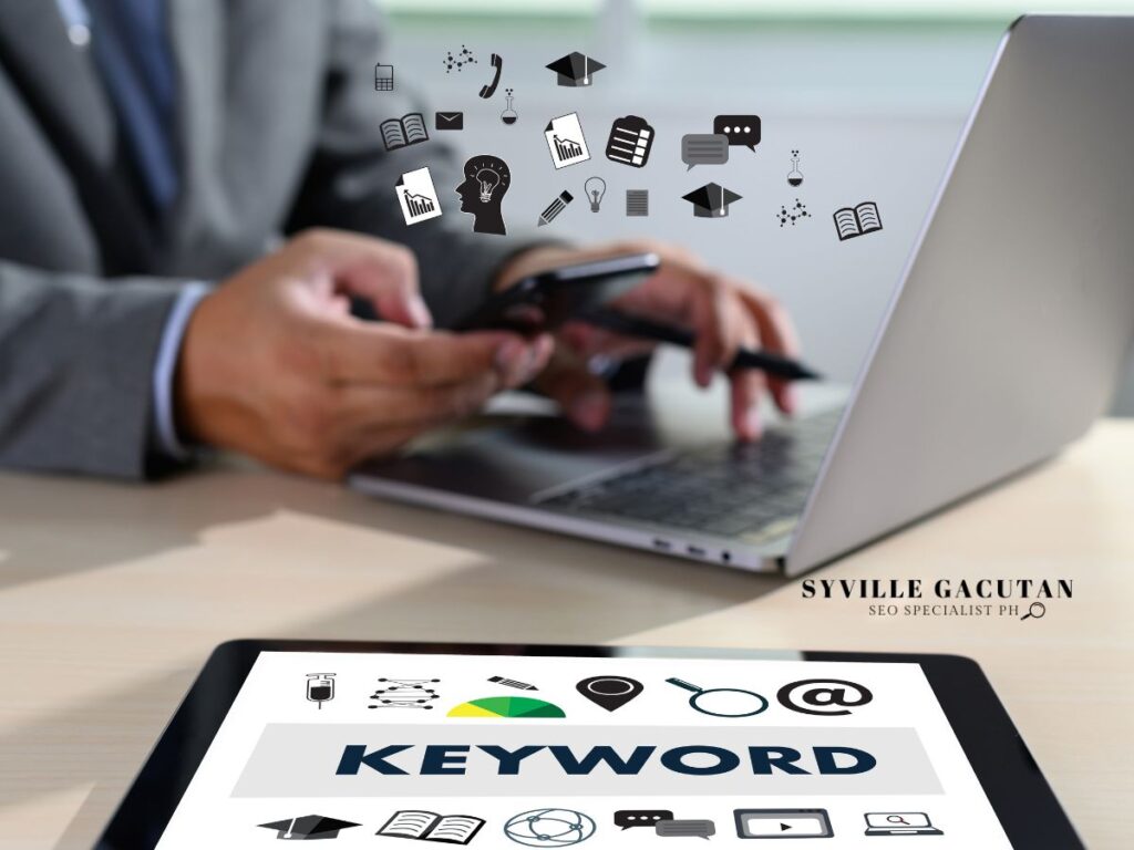 Tablet with "Keyword" displayed, surrounded by SEO icons.