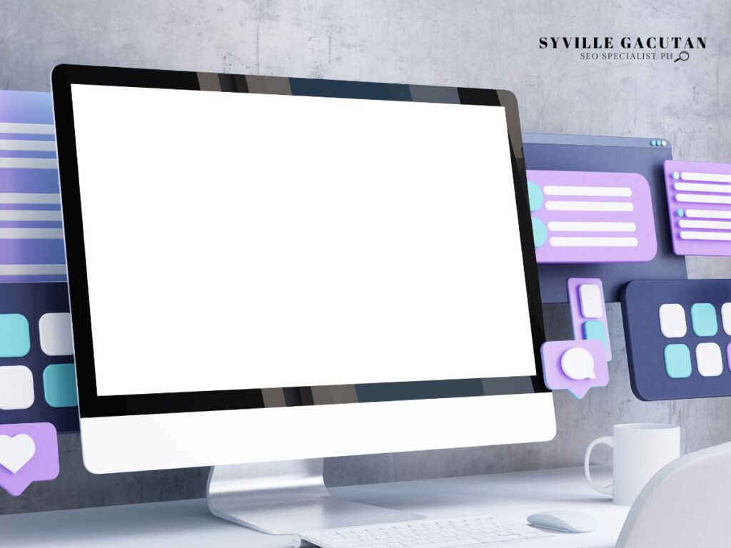 Blank computer screen with digital icons around.