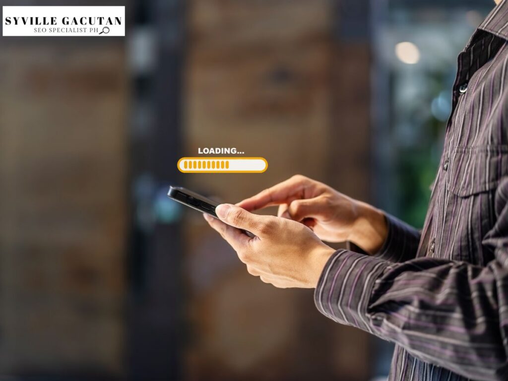 A person using a smartphone with a "Loading" bar icon on the screen.

