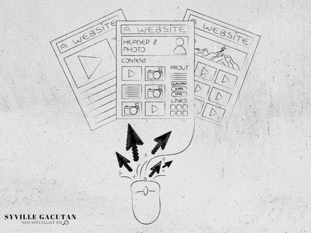 A sketch showing multiple website pages connected to a computer mouse.