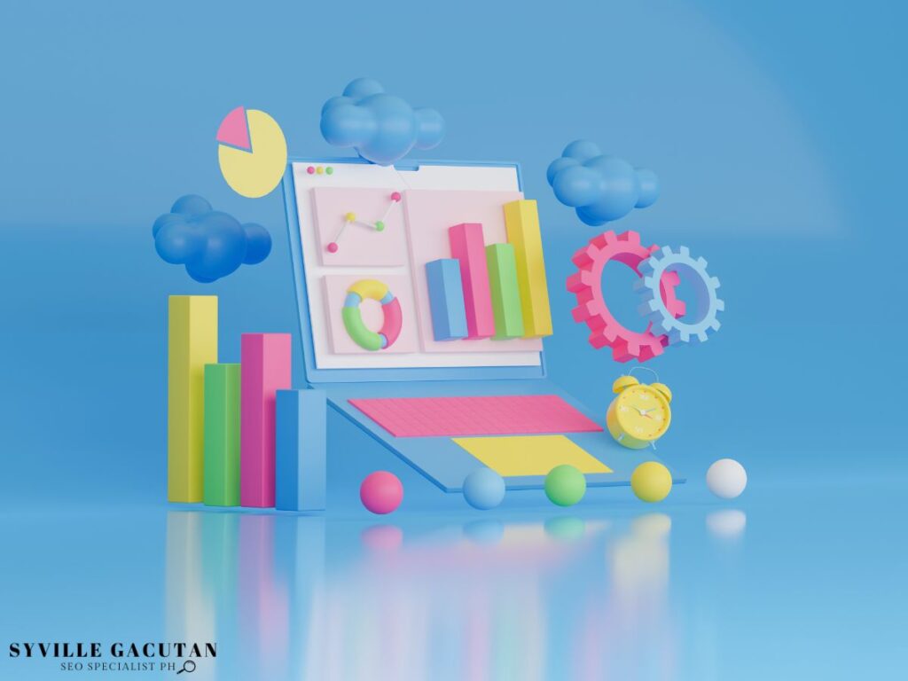 A 3D render of a laptop, charts, gears, and clouds in a playful style.