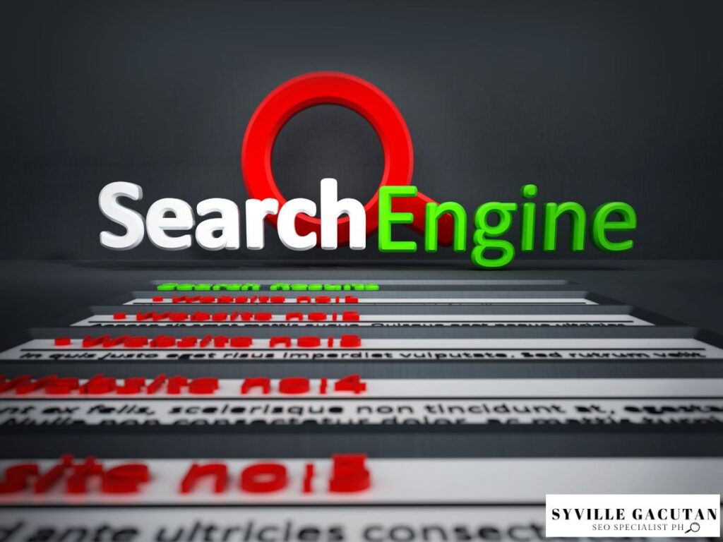 The words "Search Engine" with a red magnifying glass icon.