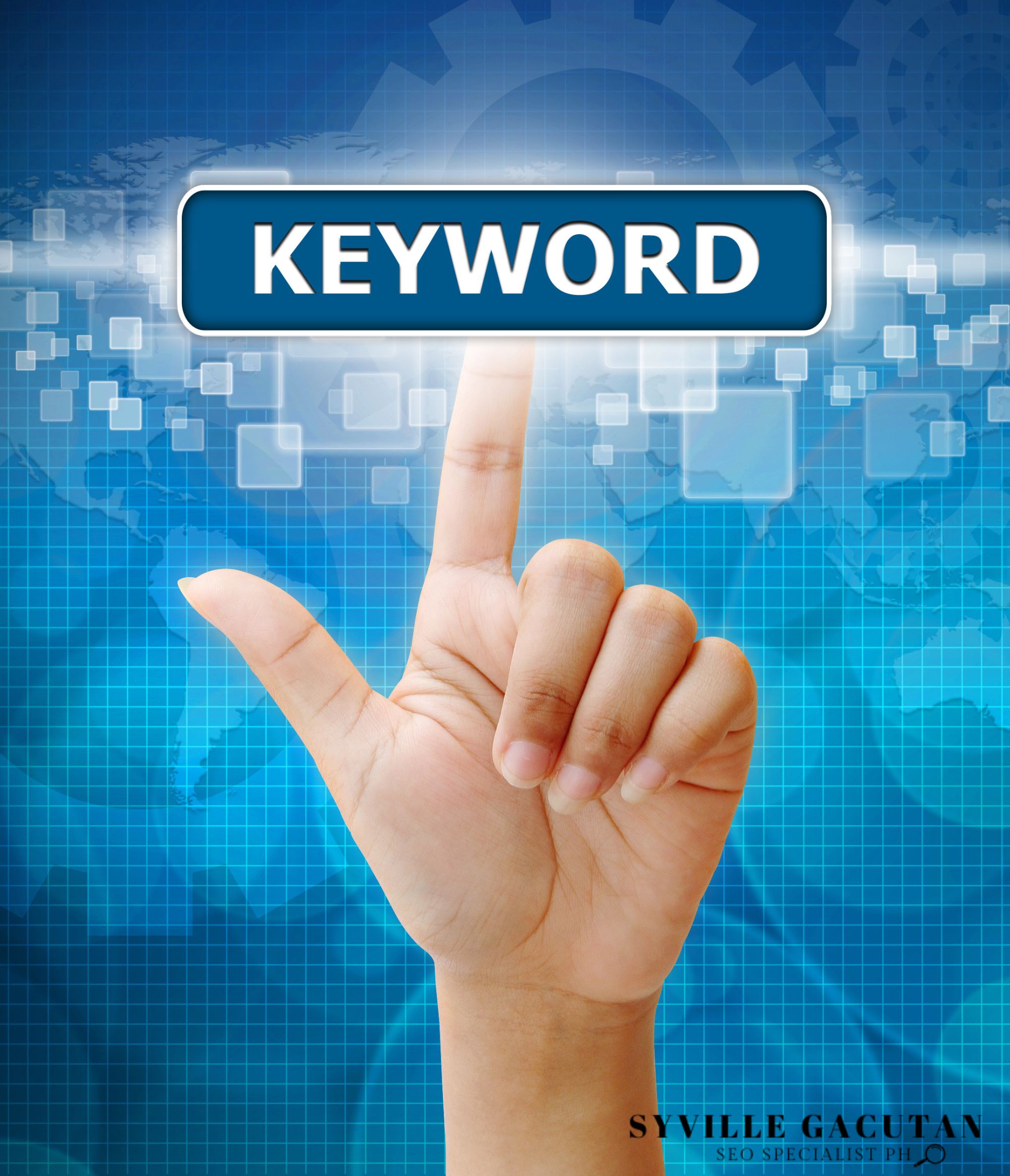 A hand pressing a glowing "KEYWORD" button on a digital, blue tech background.