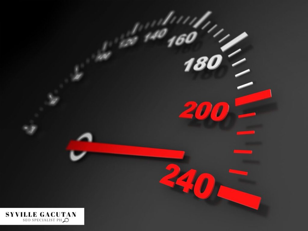 Speedometer graphic showing high speeds in red.