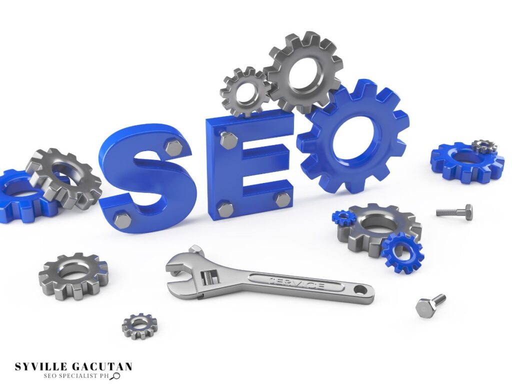 SEO letters surrounded by gears and a wrench.