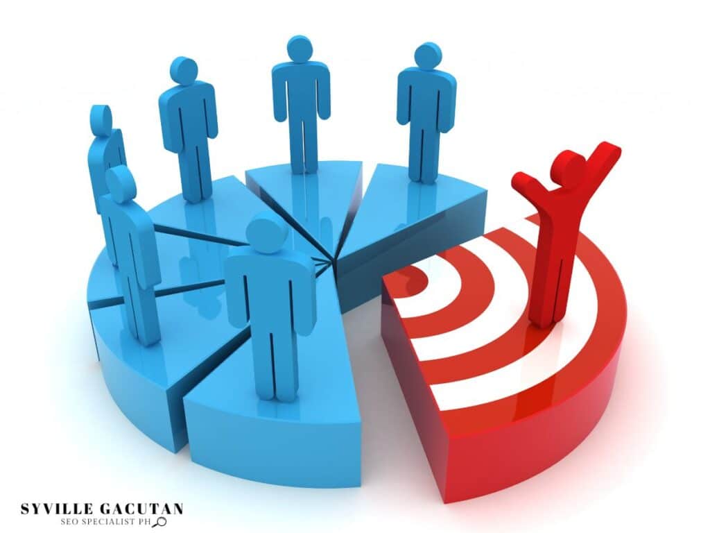 3D figures standing on pie chart sections with one figure on a target.