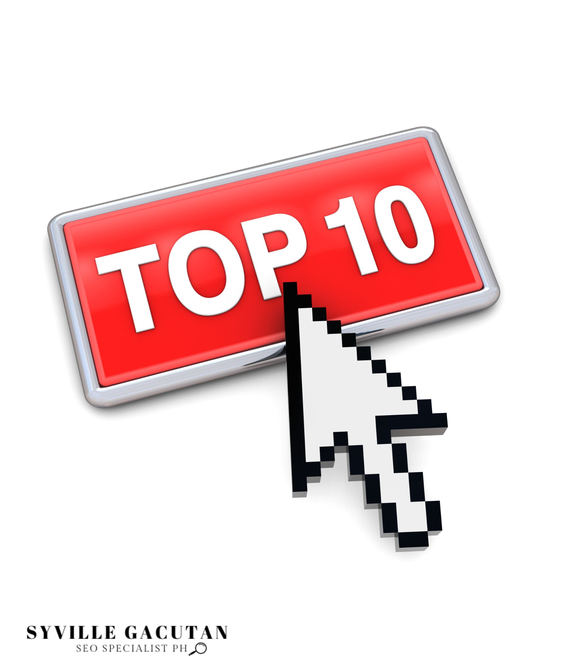 "Red 'Top 10' button with a white cursor icon pointing to it."