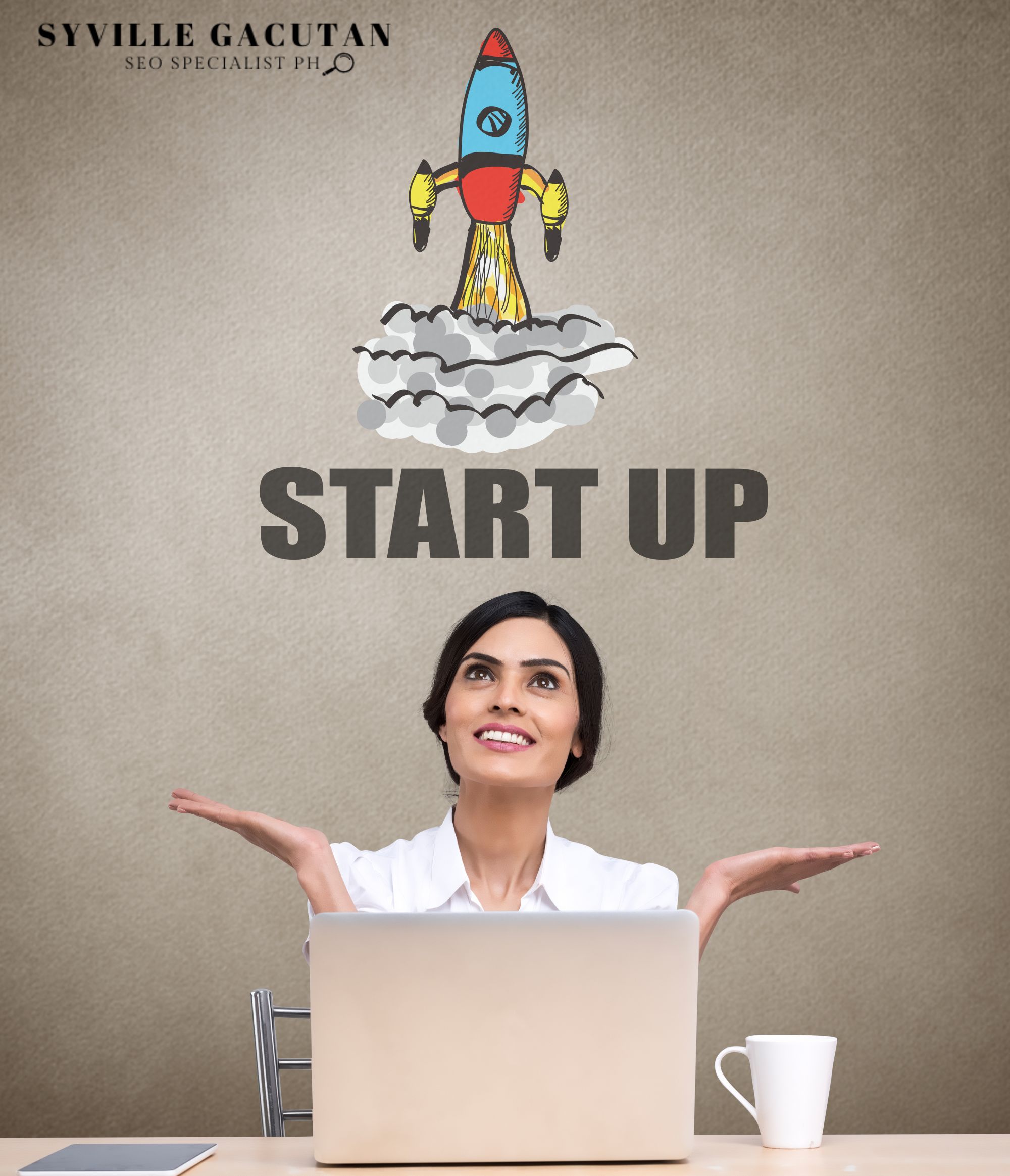 A woman smiling at a laptop, with a rocket above the text "START UP."