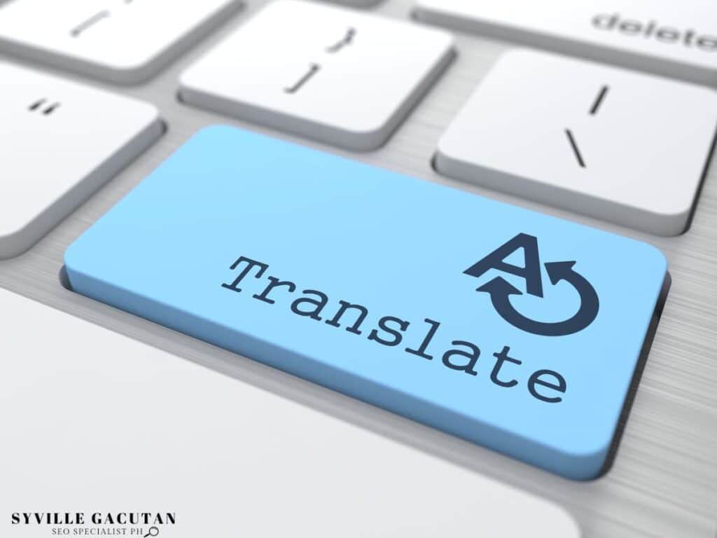 Blue "Translate" key on a keyboard with translation icon.