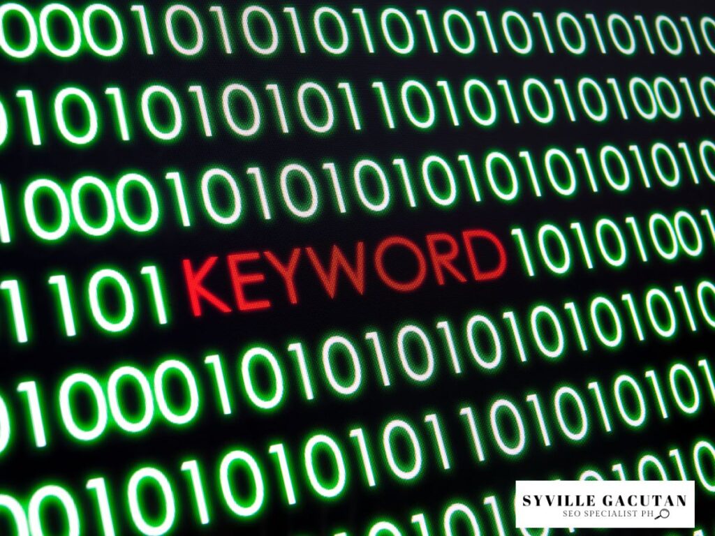 A series of binary codes in a computer and a word "keyword" highlighted red.
