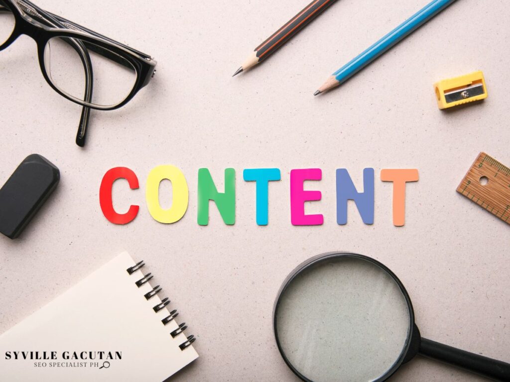 The word "CONTENT" spelled with different colors, surrounded by random things like, glasses and etc.