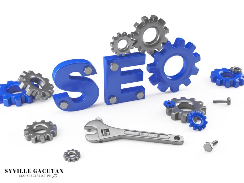 The word "SEO" surrounded by gears and tools.