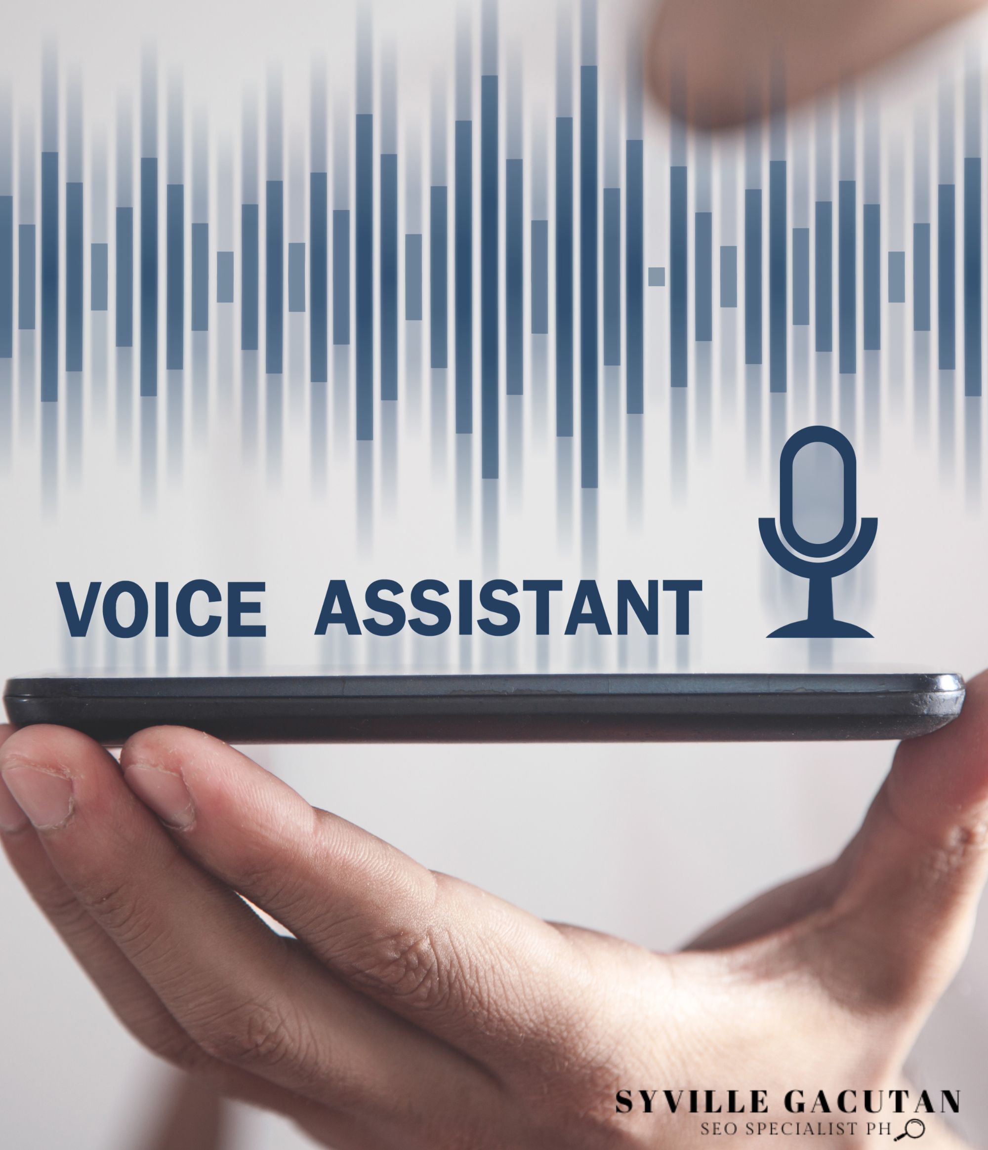 A man holding a phone with the word "VOICE ASSISTANT" above and a microphone icon.