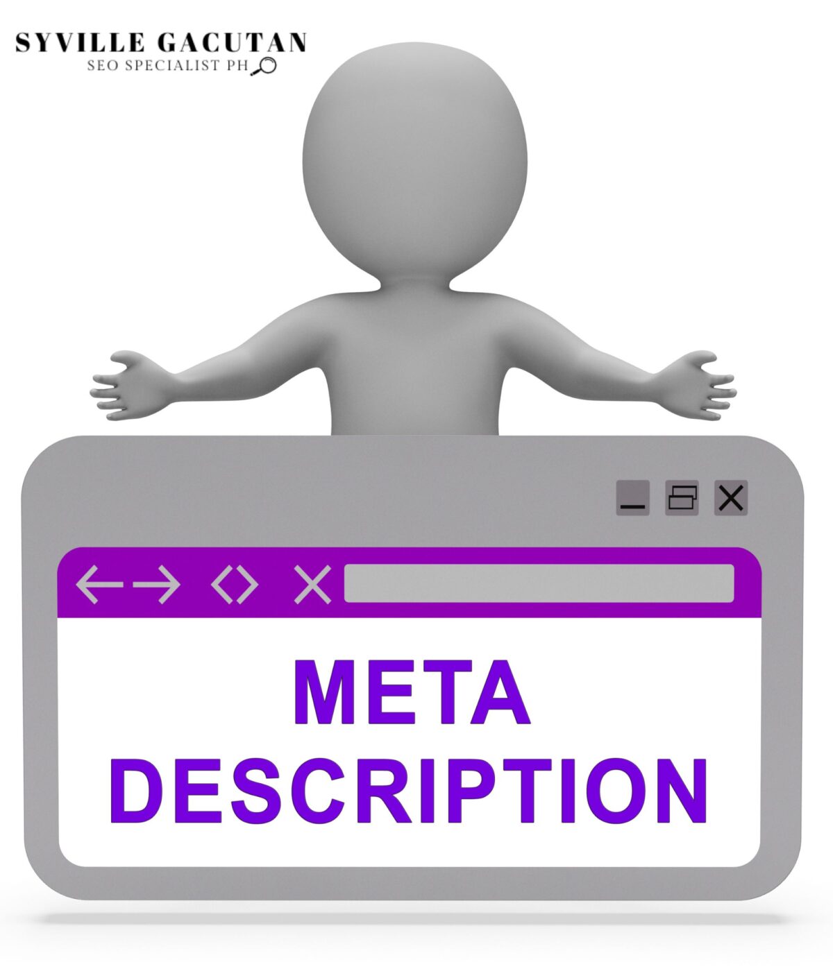 A 3D human figure with arms with open behind a tab with the word "META DESCRIPTION"