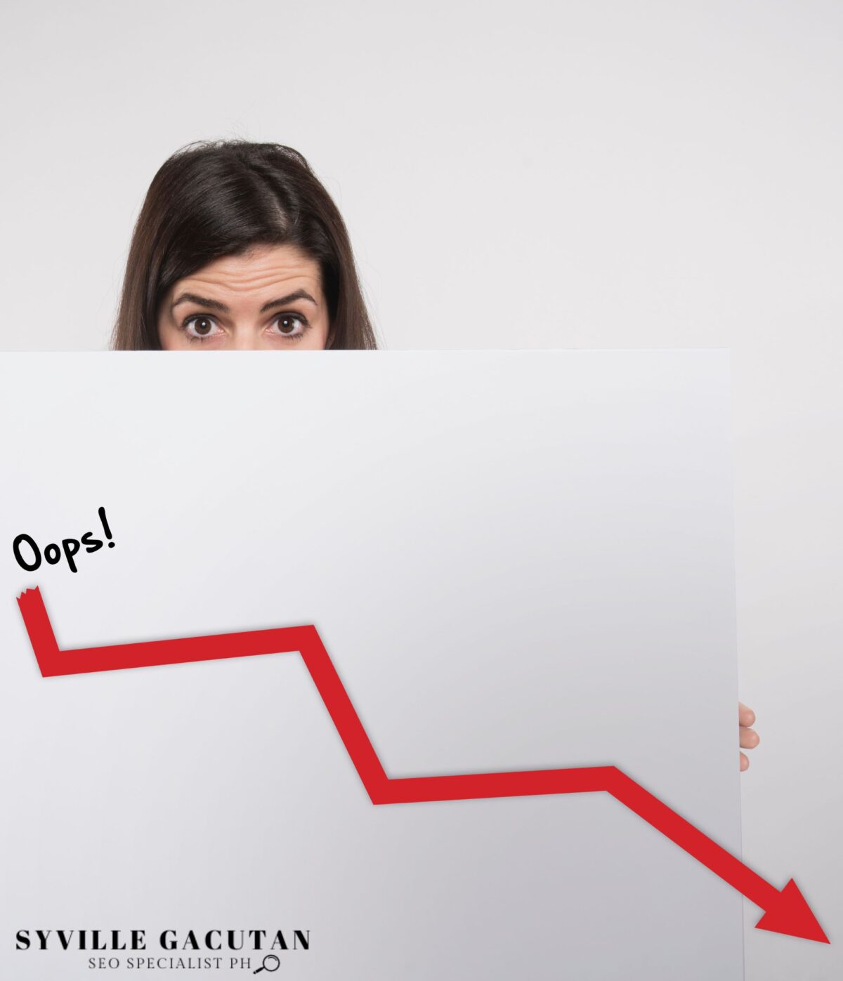 Woman peeking over a board with a descending red arrow and "Oops!" text.