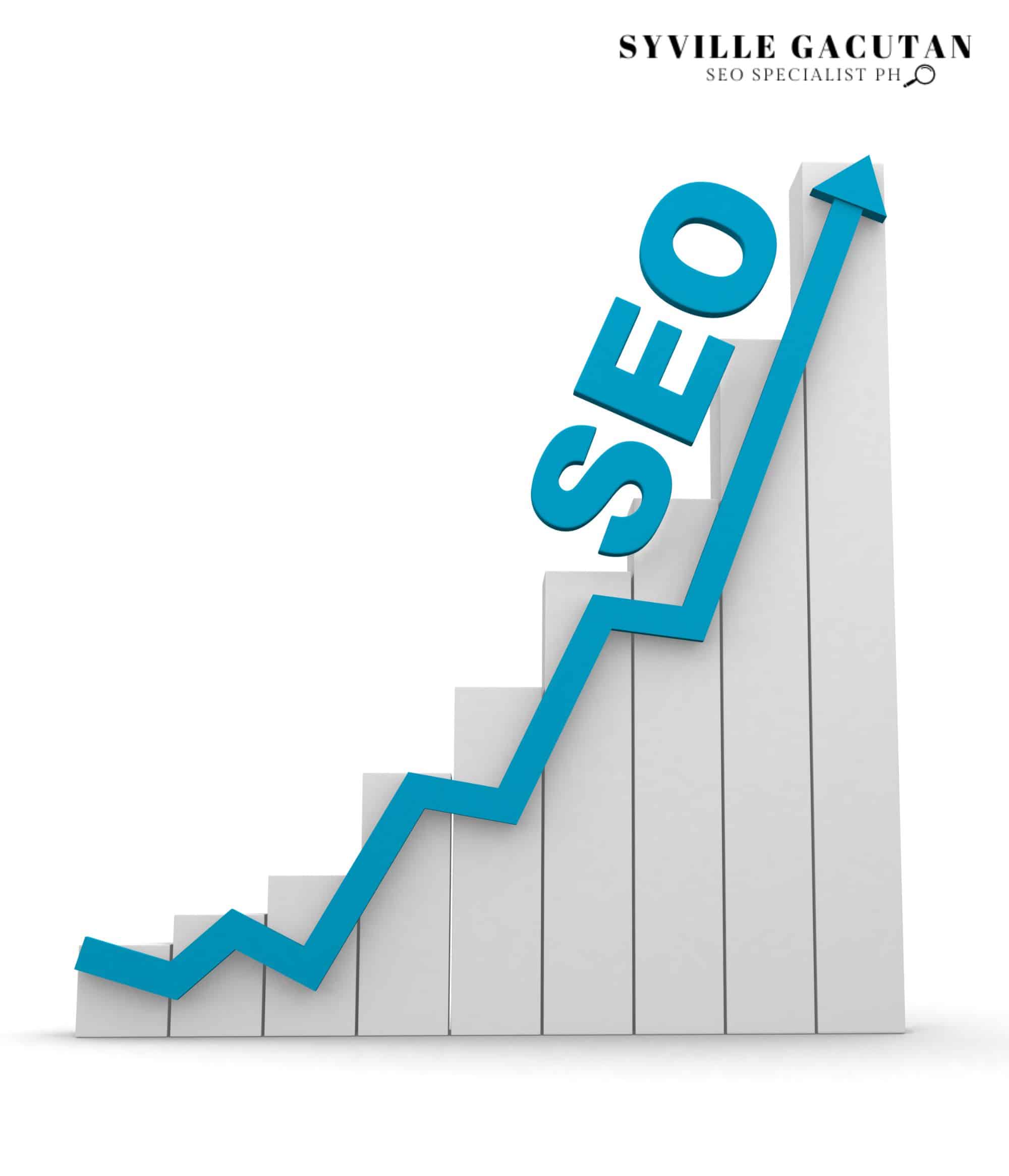 A 3D bar graph with the word "SEO" rising on an upward blue arrow.