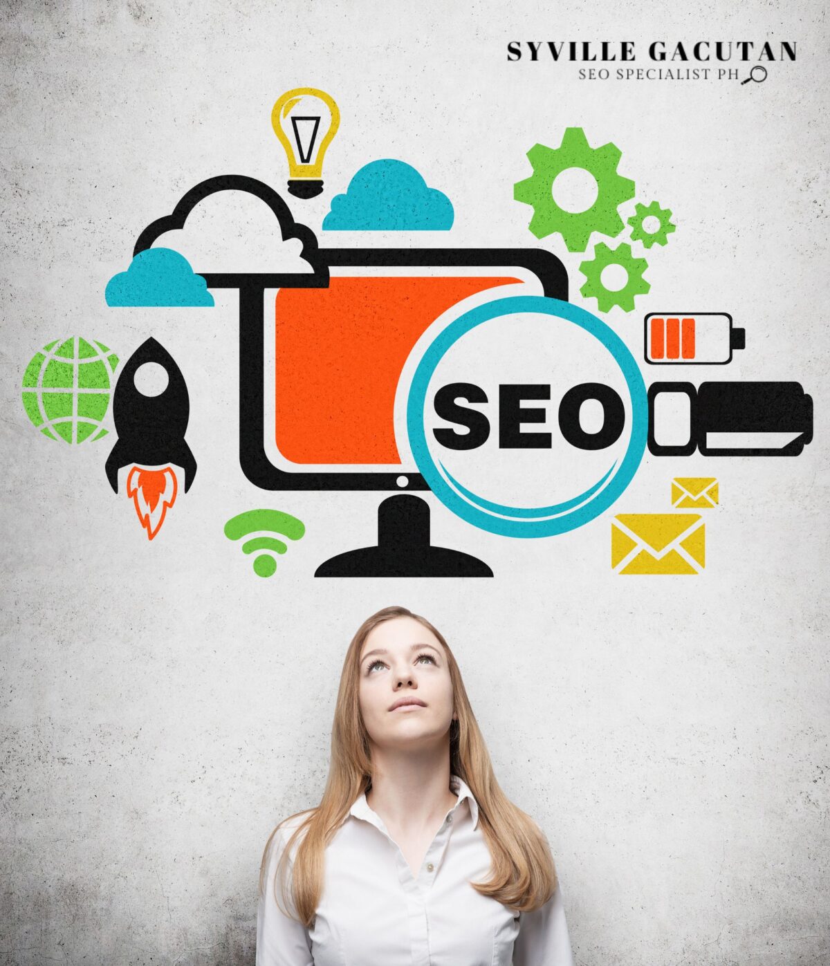 Woman under icons representing SEO tools and strategies.