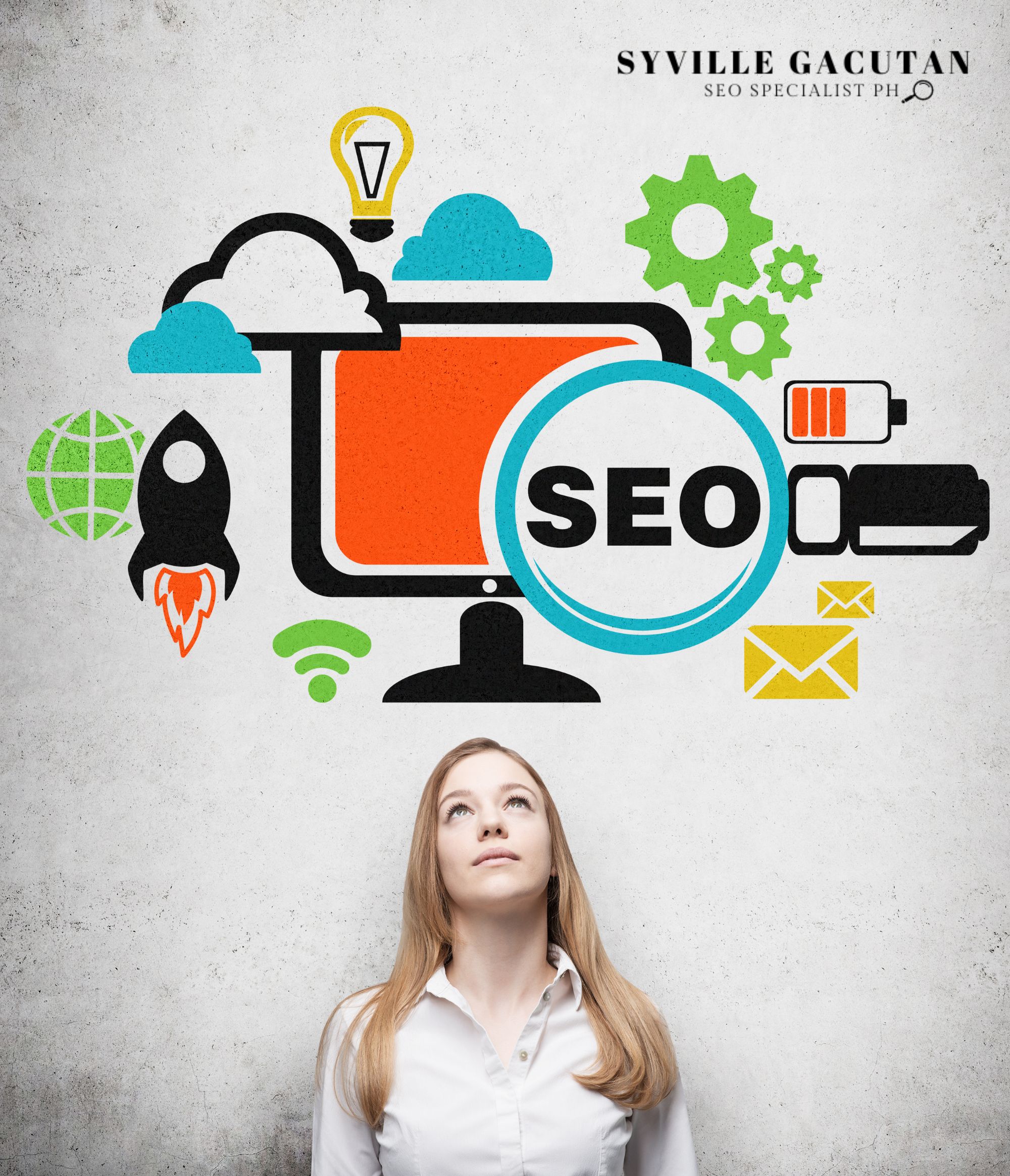 Woman under icons representing SEO tools and strategies.