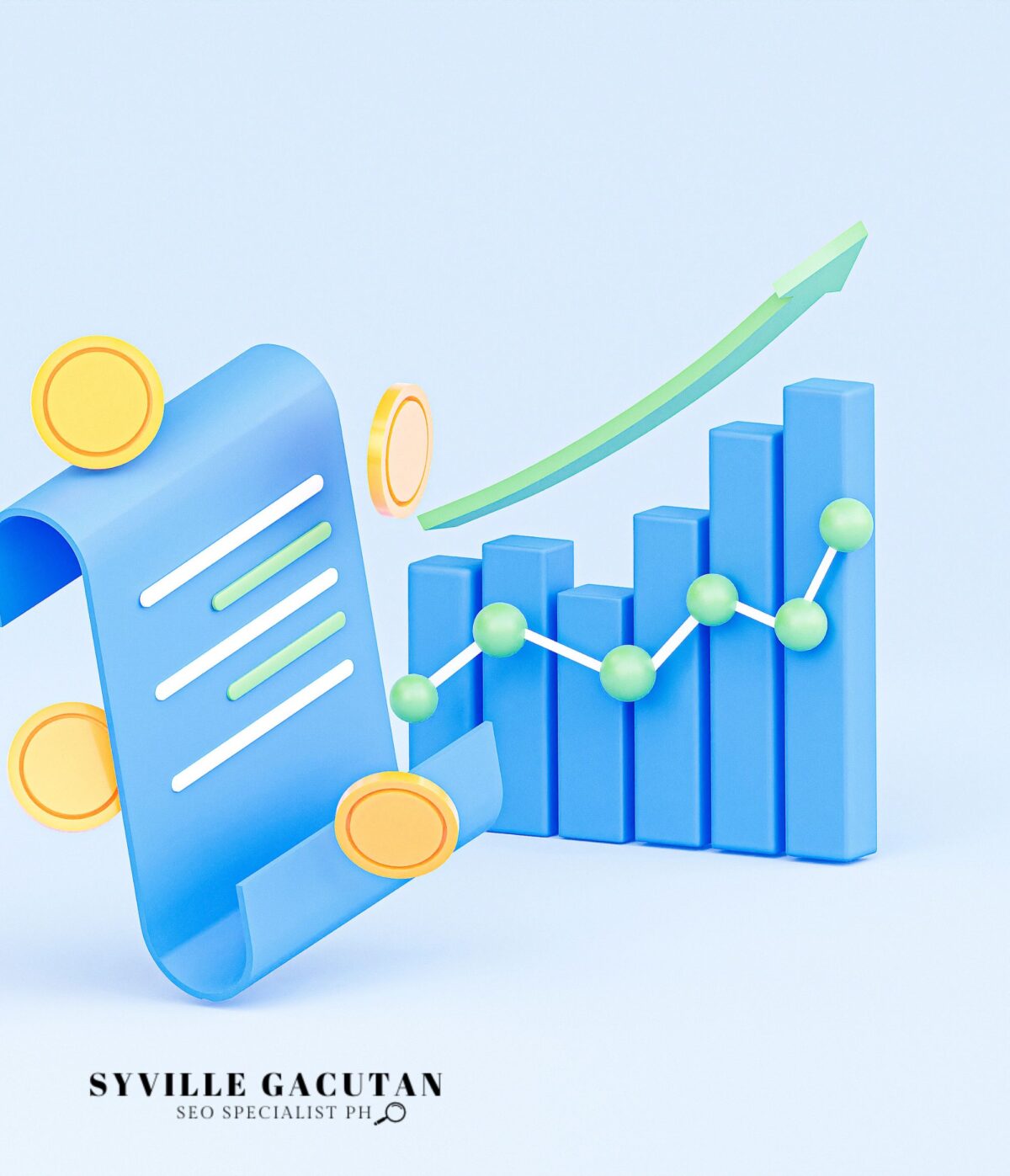 3D bars and paper roll representing data growth and coins.