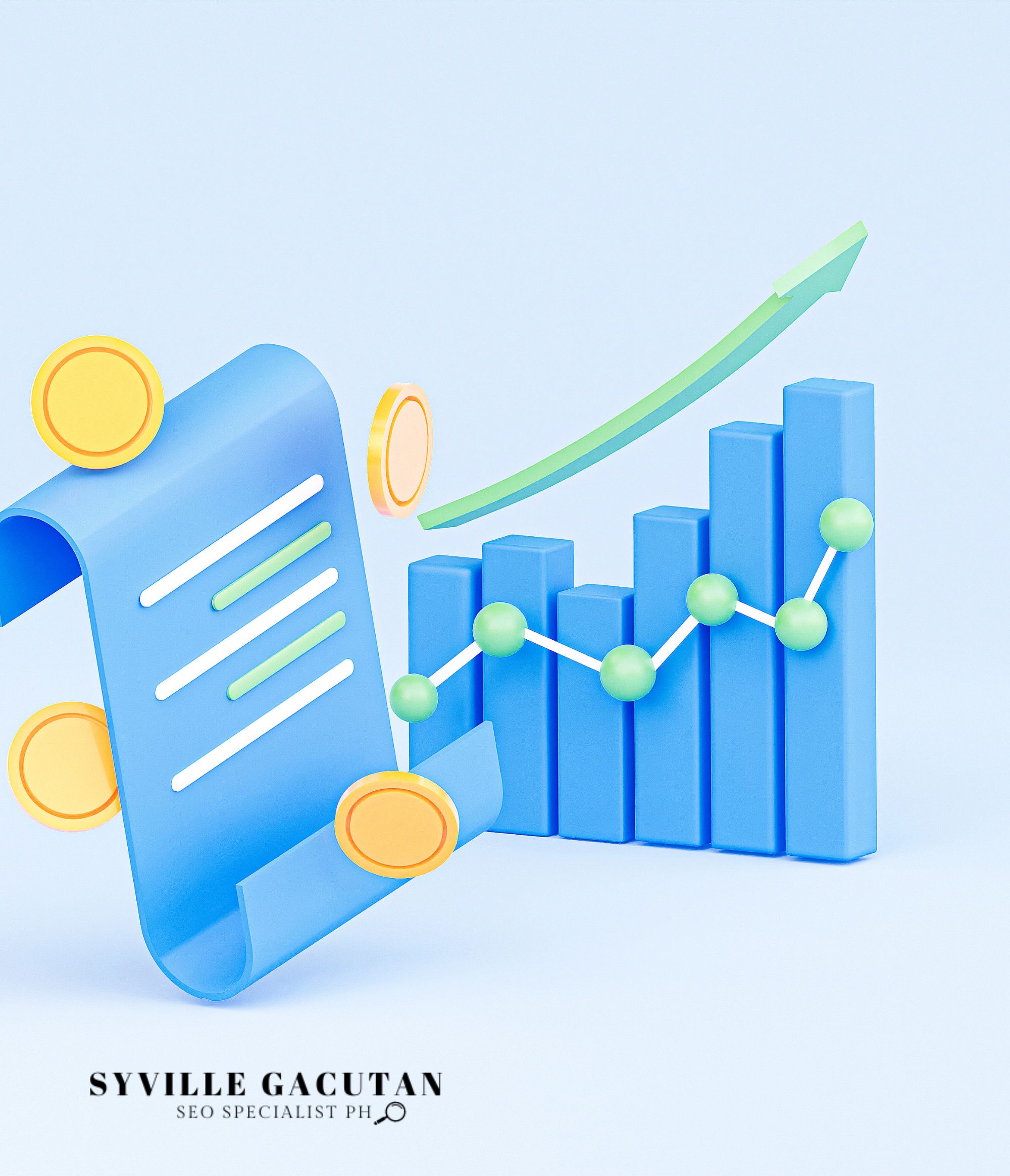 3D bars and paper roll representing data growth and coins.
