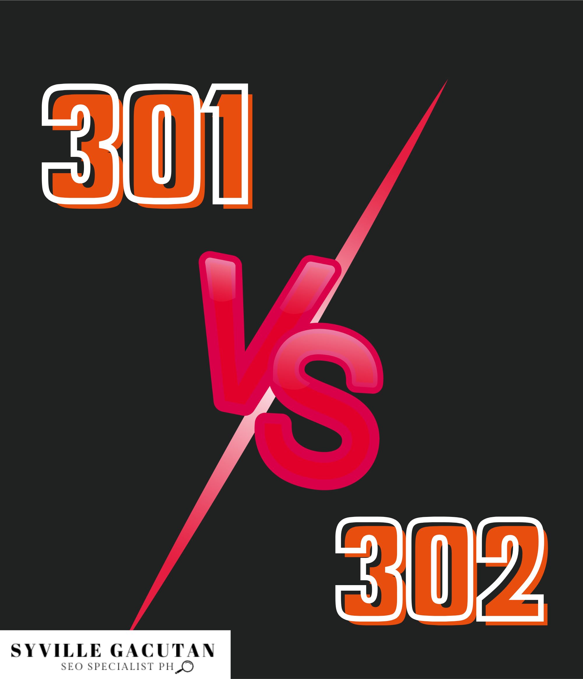 A minimalist design showing "301 vs 302" in orange and red text on a dark background.