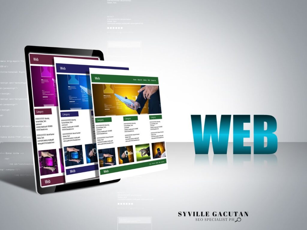 Tablet with colorful web layouts and large 'WEB' text.