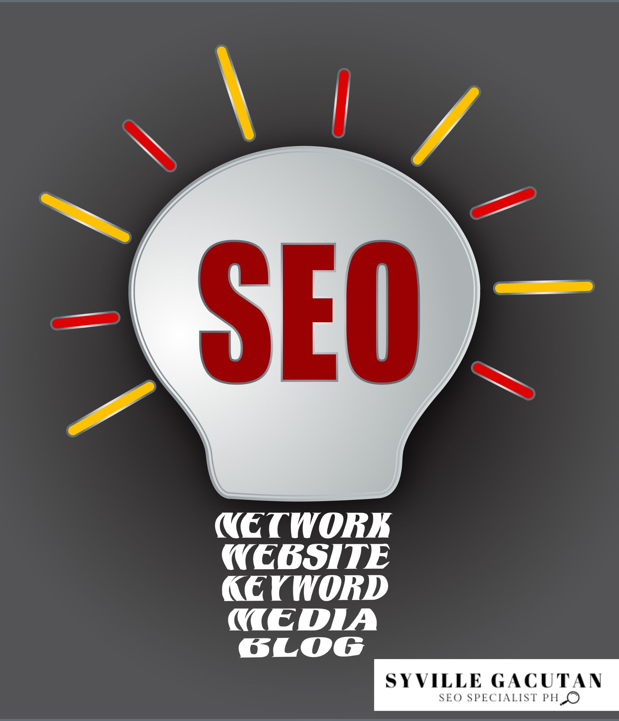 Lightbulb with "SEO" in red, surrounded by keywords and colorful rays on a dark background.