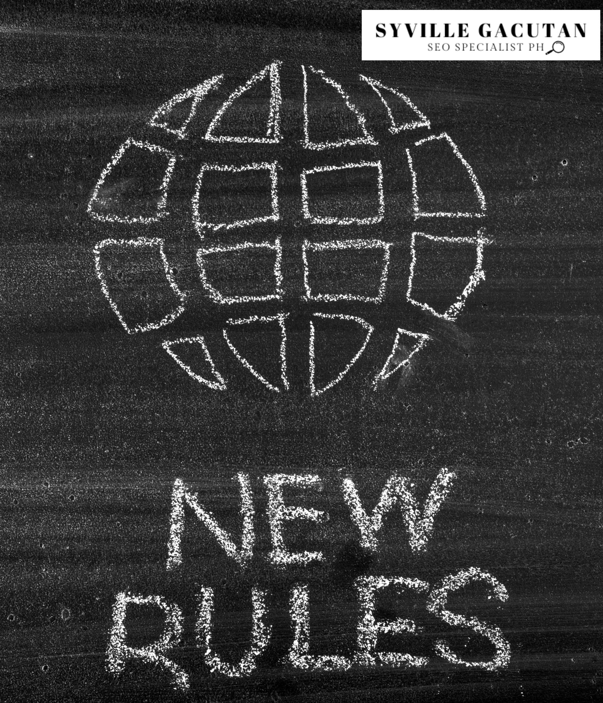 A chalkboard sketch showing a globe icon with "NEW RULES" text beneath.