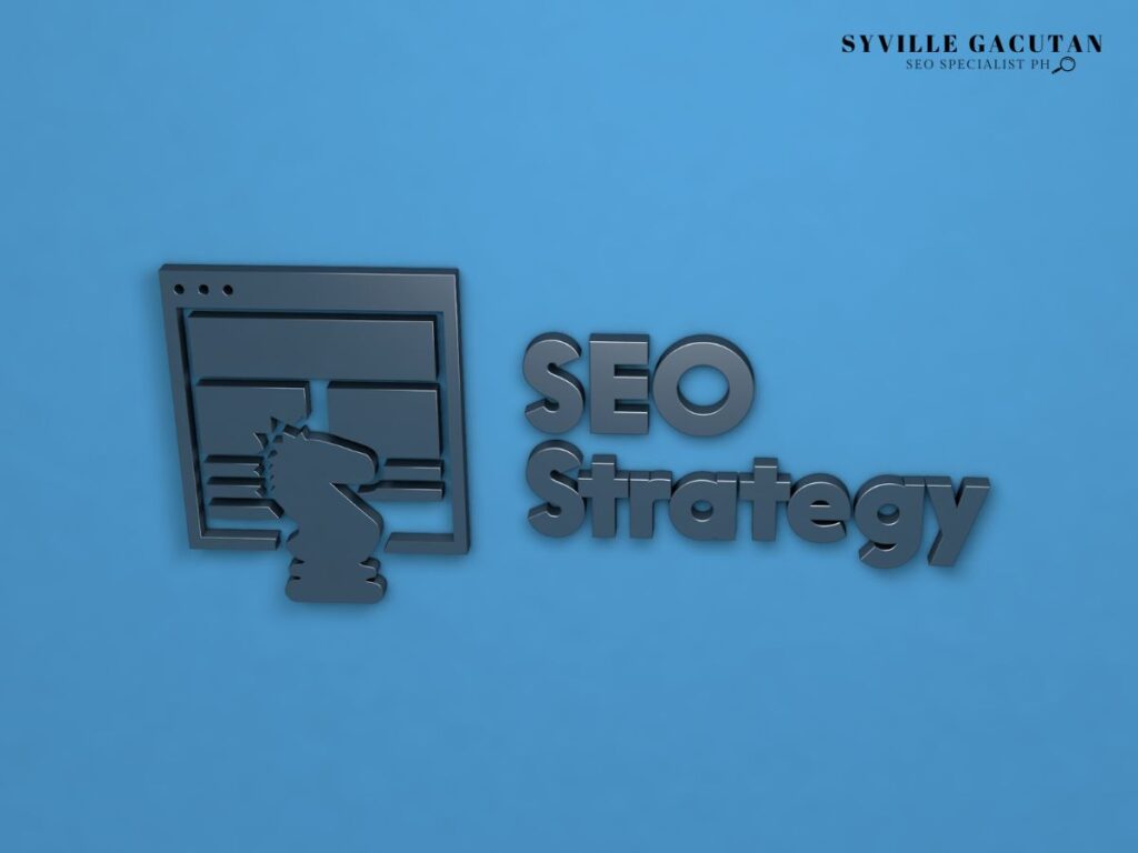 "SEO Strategy" text with a knight chess piece icon on a blue background.