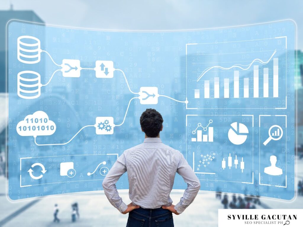 Man analyzing data on a transparent digital dashboard.