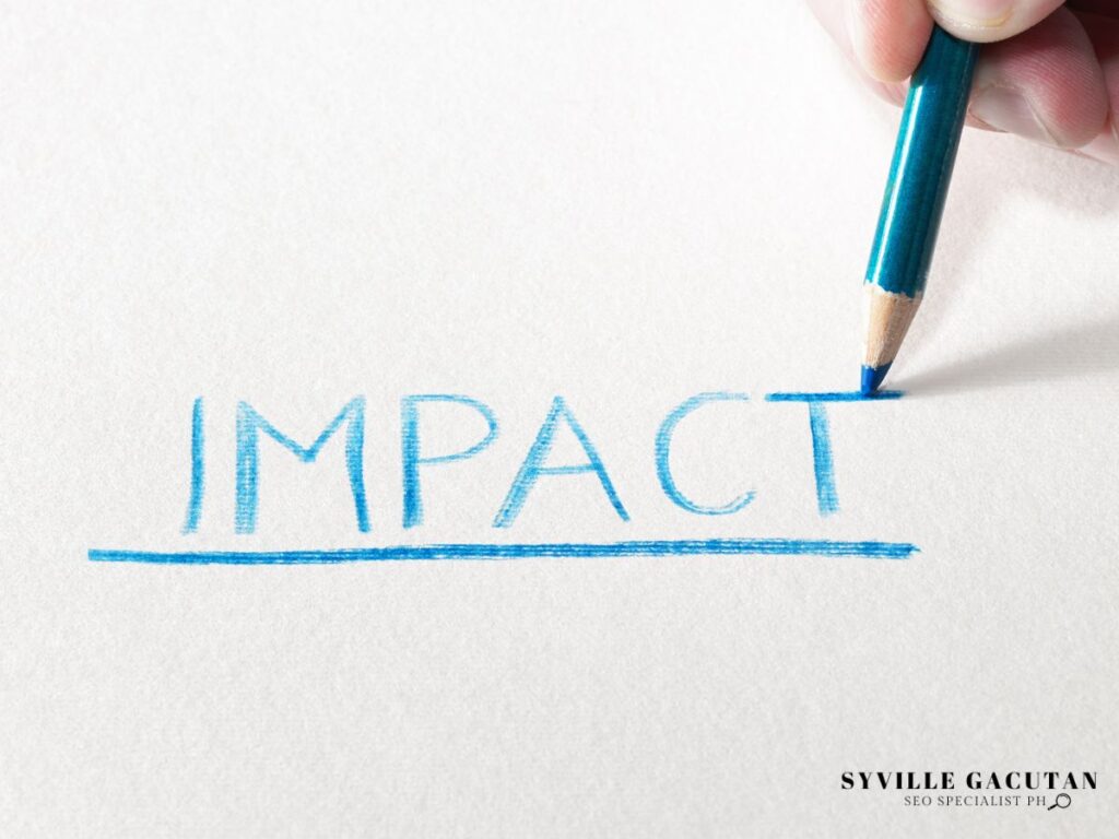Handwriting "Impact" with a blue pencil on paper.