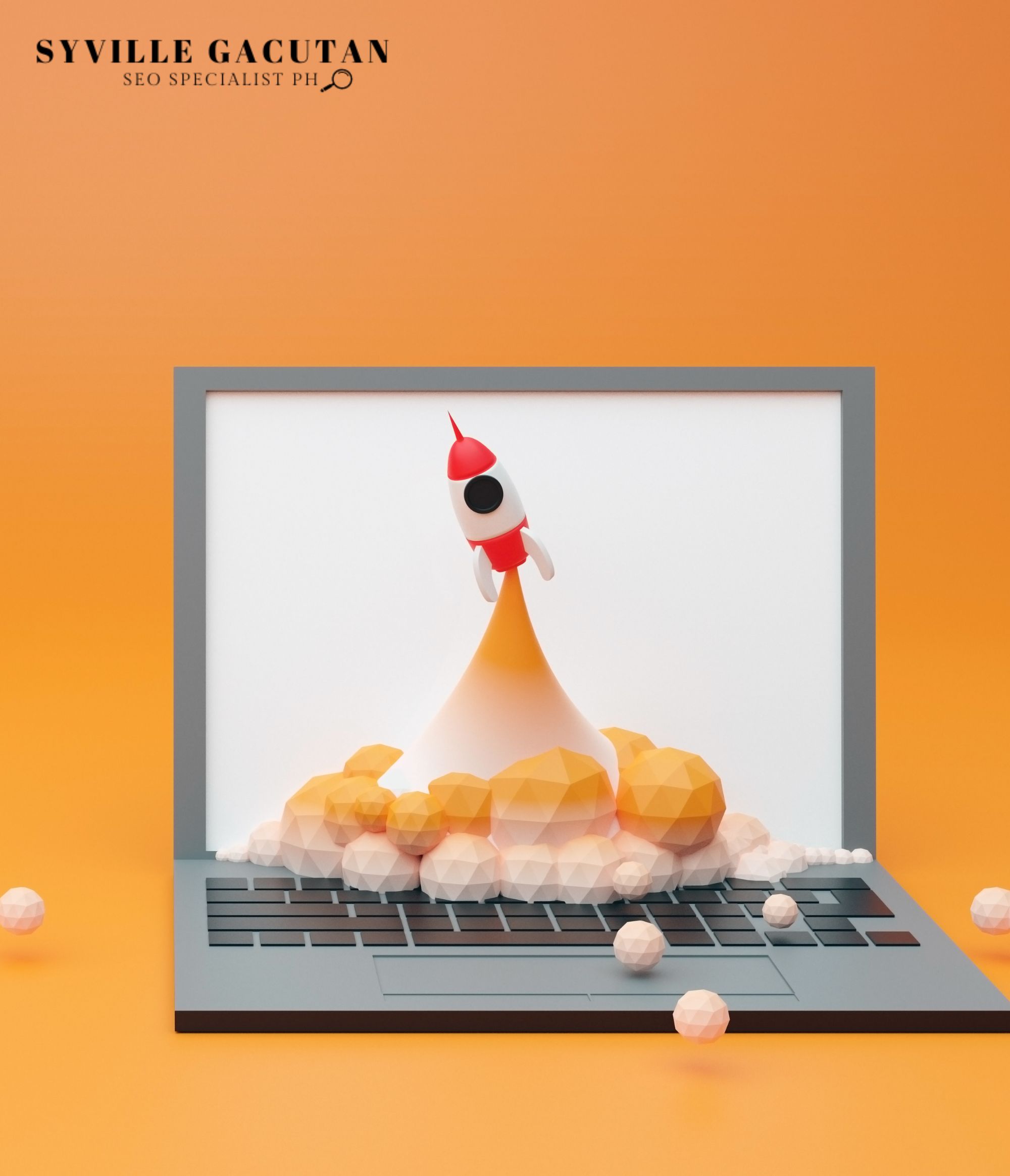 3D toy rocket launching from laptop with orange geometric clouds and white background.