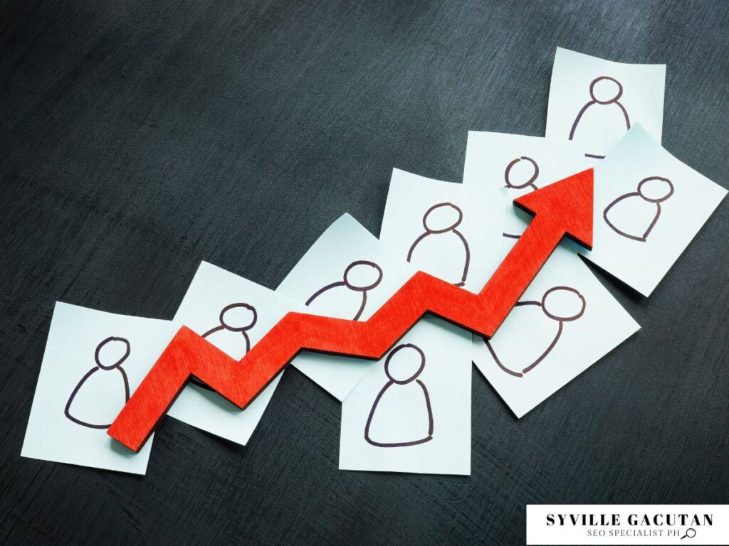 Red arrow pointing upward across sticky notes with people icons.