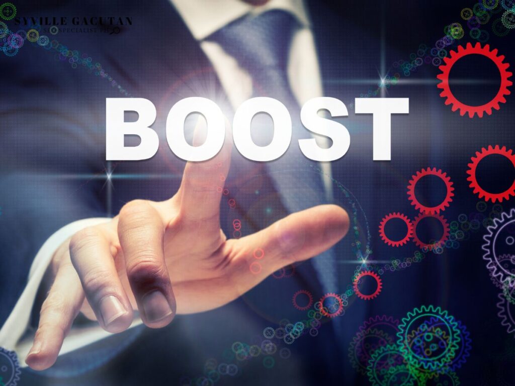 Hand pointing to "BOOST" with gears in the background.