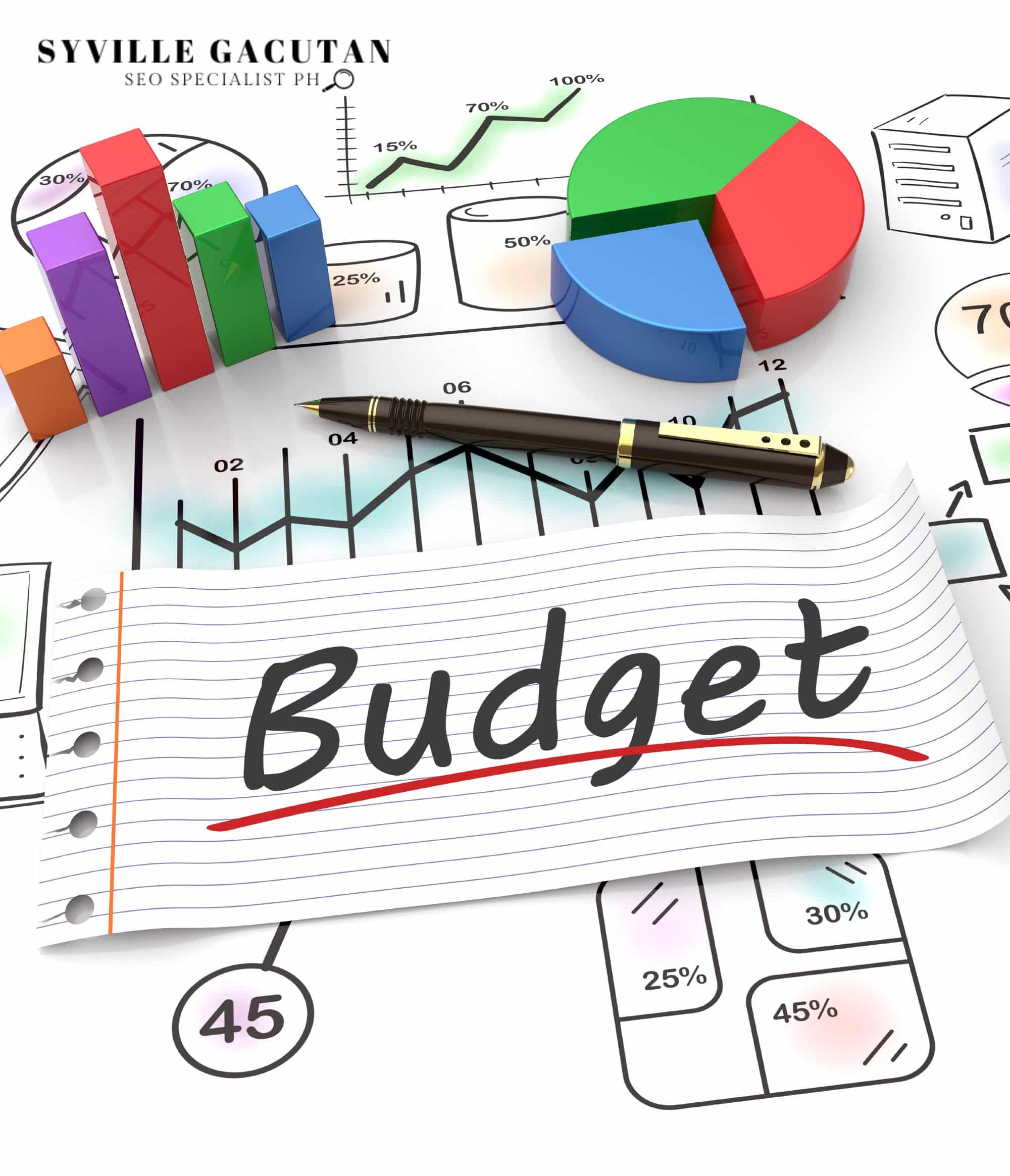 Colorful charts and "Budget" text on paper, symbolizing financial planning.