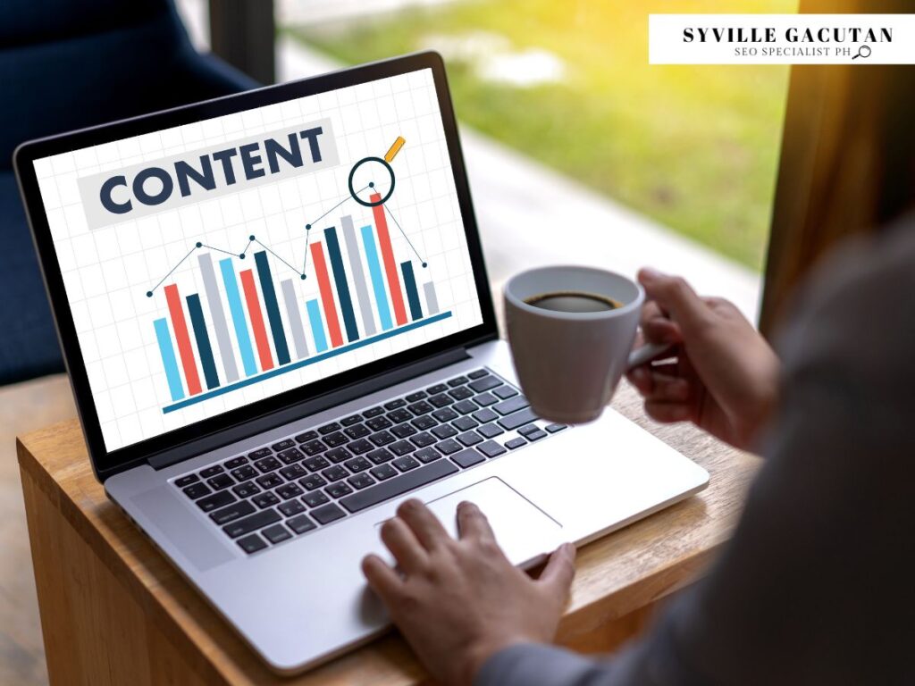 Laptop screen showing "CONTENT" with colorful bar graph.