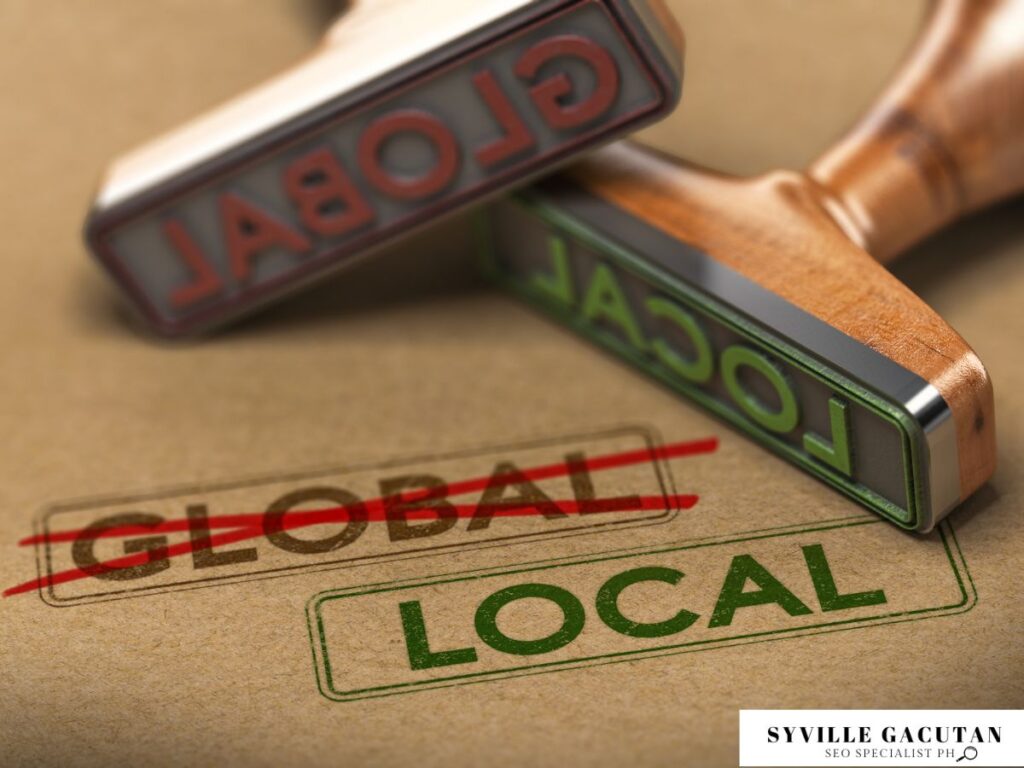 Stamps with "Global" crossed out and "Local" highlighted in green on brown paper.