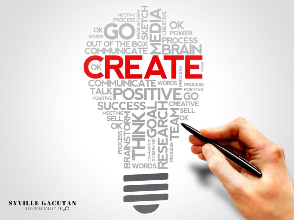 Handwriting "CREATE" in a word-filled lightbulb graphic on a white background.