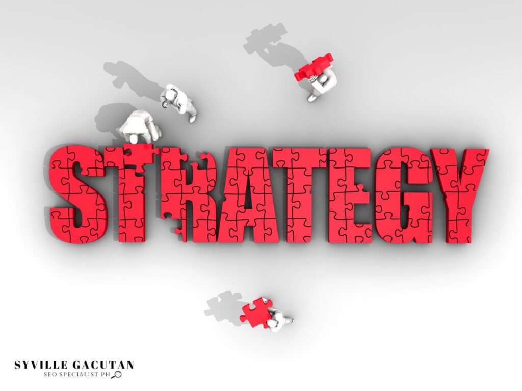 Red 3D "STRATEGY" text made of puzzle pieces with tiny figures assembling it.