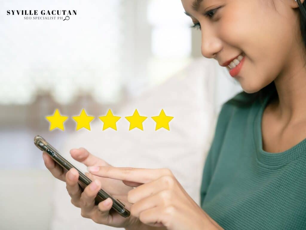 Smiling woman on her phone with a five-star rating overlay.