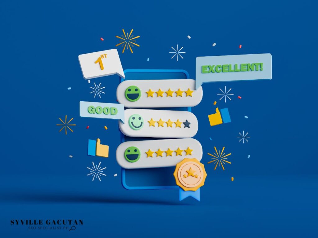 Review icons with stars and positive ratings on blue background.