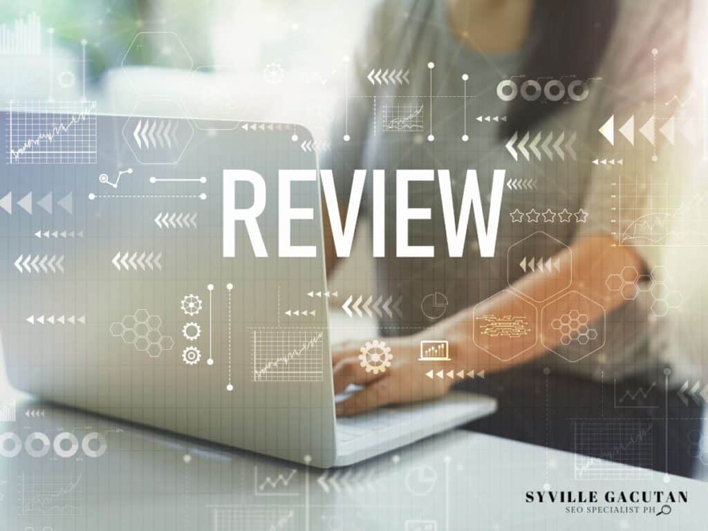 Woman typing on a laptop with the word "REVIEW" overlayed, surrounded by data icons.